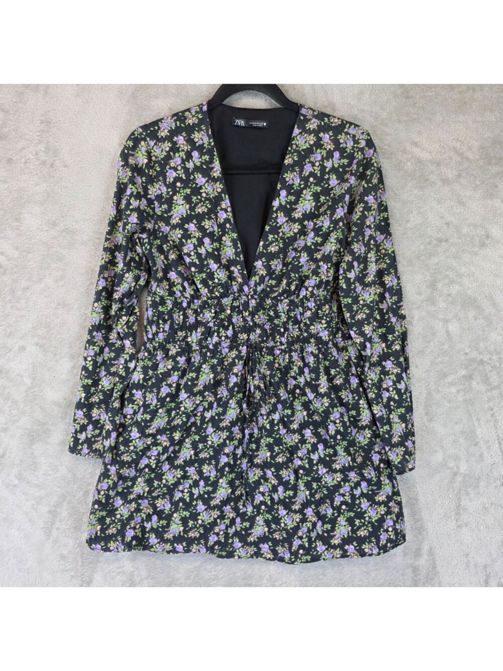 Zara Dress Womens M Black Floral V Neck Long Sleeve Smocked Waist Lined Mini